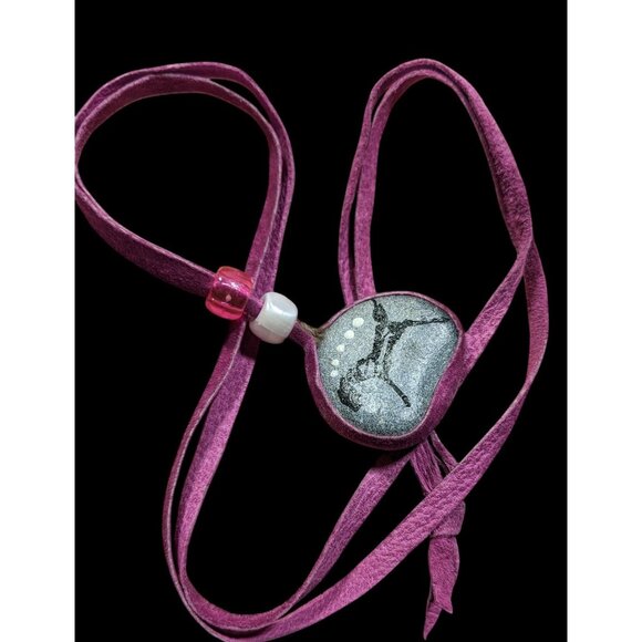 Native Hand Painted Mustang Rock Pendant Necklace With Purple Suede Cord - Picture 4 of 8